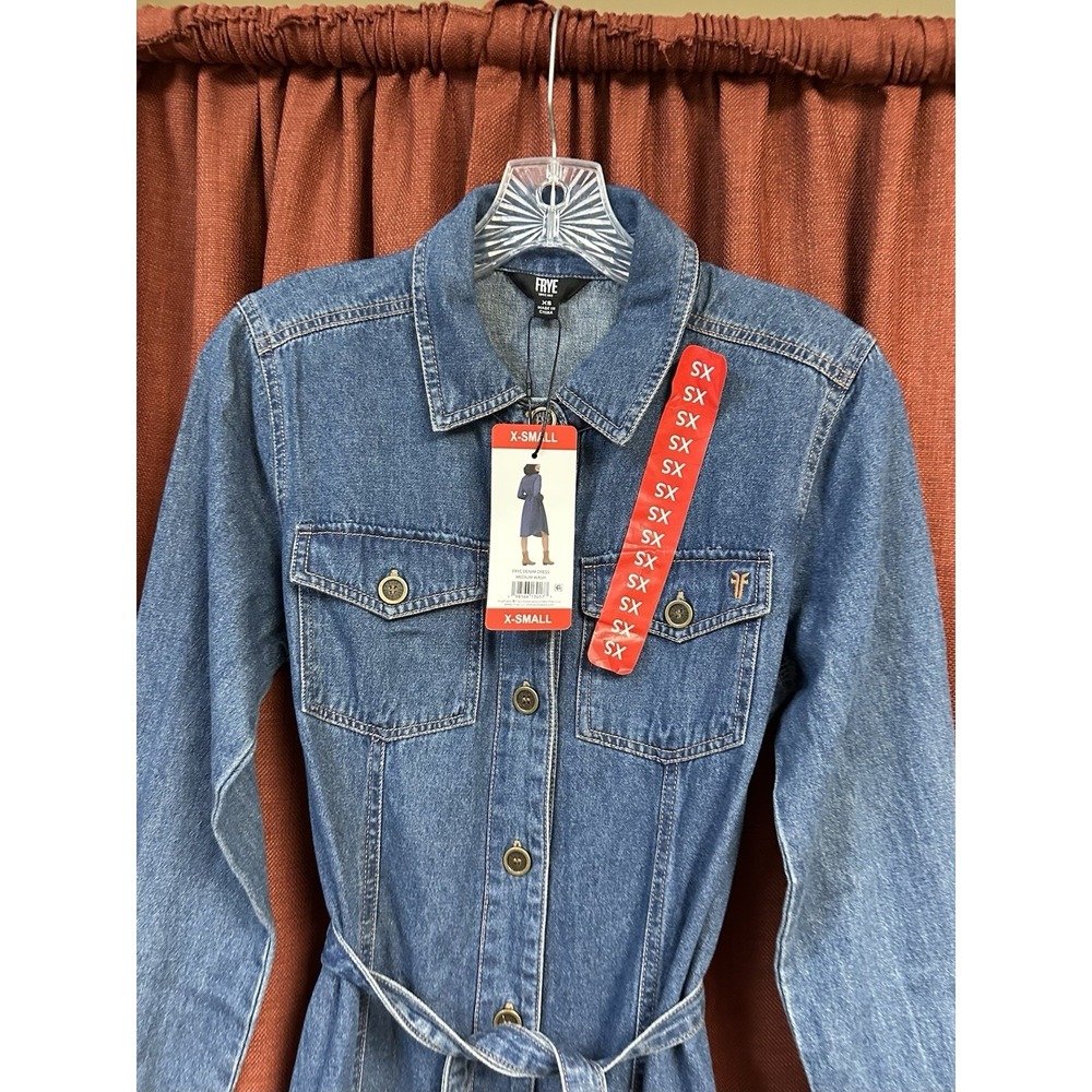 Frye Women's Denim Tie Belt Midi Button Front Dress Size XS - Picture 3 of 4